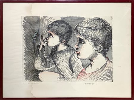 Prova d'autore raffigurante fanciulli colorata a mano