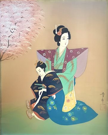 Tempera su seta raffigurante donna in costume orientale.