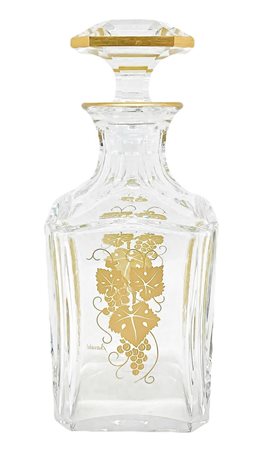 Baccarat, bottiglia in cristallo con decorazioni in oro zecchino. Logo alla base.