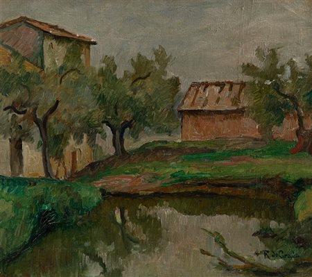 RAFFAELE DE GRADA (1885-1957) - Paesaggio con casa e stagno nei pressi di San Gimignano, 1948 circa