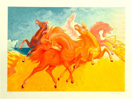 Aligi Sassu CAVALLI litografia, cm 60x79,5; es. 107/120 firma e tiratura