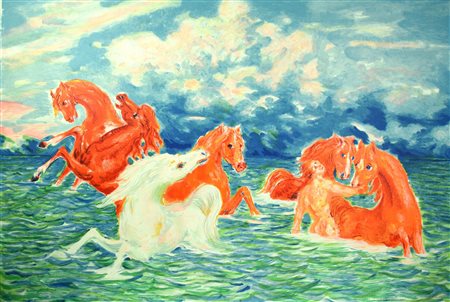 Aligi Sassu CAVALLI serigrafia su tela, cm 101x141; es. 47/150 firma e...