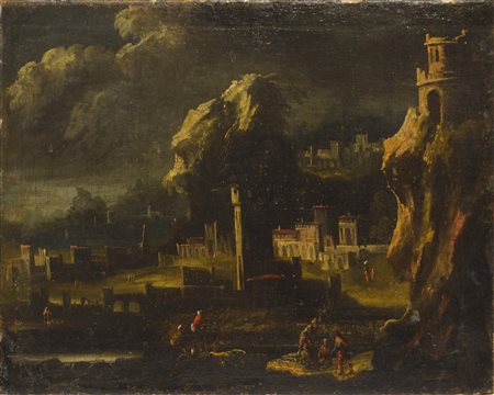 Scuola del XVIII secolo CAPRICCIO olio su tela, cm 46x59
