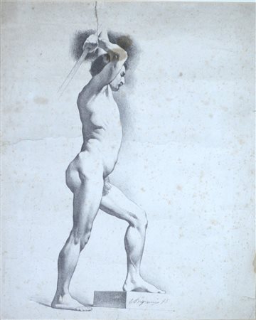 Scuola del XIX secolo NUDO MASCHILE DI PROFILO matita su carta, cm 32x25...