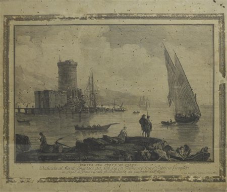 Cristoforo Dall'Acqua VEDUTA DEL PORTO DI TOLONE bulino, cm 31,5x45; foglio...