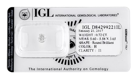 DIAMANTE DI CT 0,72 taglio brillante rotondo, colore H, purezza I1, entro...