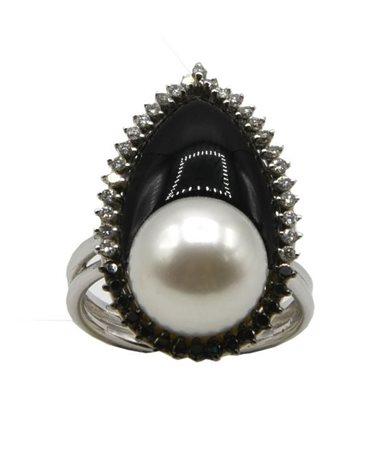 ANELLO CON PERLA E ONICE in oro bianco 18 kt con perla bianca australiana di...