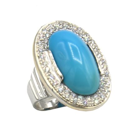 ANELLO CON TURCHESE E DIAMANTI in oro bianco 18kt, con turchese ovale...