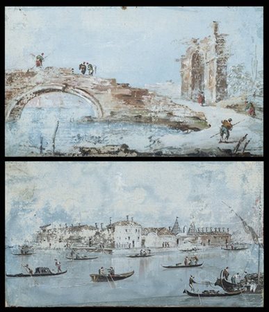 Giacomo Guardi Capriccio con ponte e figure; Venezia, Veduta dell'Isola del Lazz