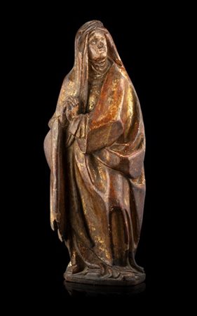 Artista del secolo XVI "Madonna orante" scultura in legno dipinto e parzialment