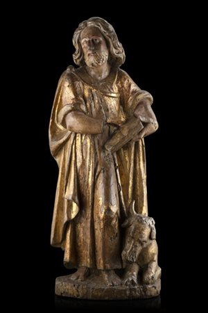 Artista spagnolo del secolo XVI "San Luca Evangelista" scultura in legno intagl
