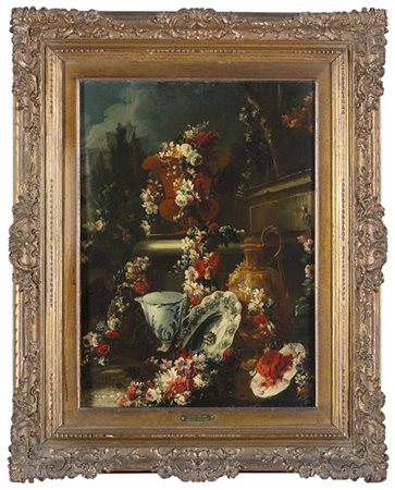 Francesco Lavagna (attr.)

Composizione all'aperto con fiori, anguria e vasellam