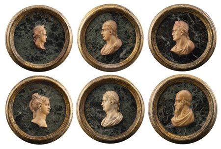 Gruppo di sei medaglioni con profili iscritti Augustus Cesar, Caligula, Claudiu