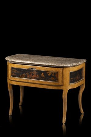 Tavolo da parete ad un cassetto con fronte e fianchi decorati da pannelli a chi