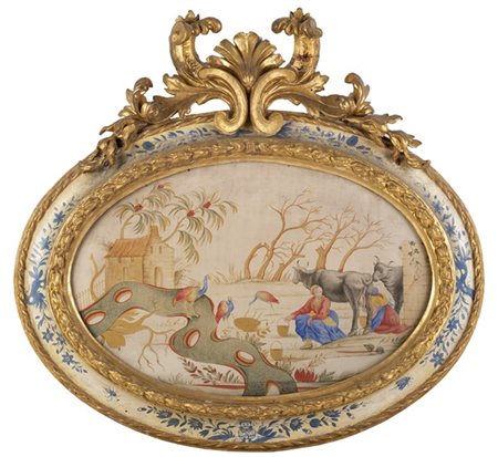 Scuola piemontese, secolo XVIII. Due opere su seta di forma ovale 