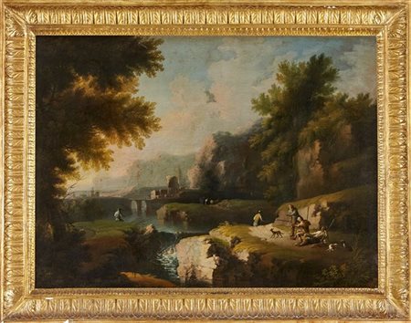 Michele Pagano Paesaggio con pastori nei pressi di un fiume e rovine sullo sfond