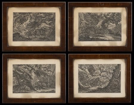 Johann Elias Ridinger Scene con cinghiali
Quattro acqueforti, mm 275x405 circa
I