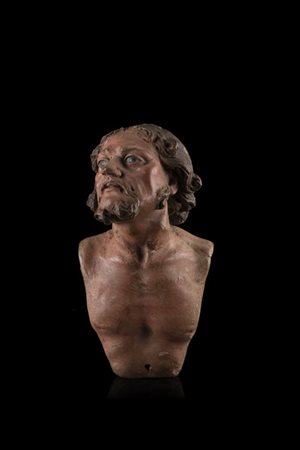 Arte napoletana, secolo XVIII. Mezzo busto virile da presepe in legno intagliat