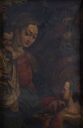 PITTORE ANONIMO<BR>"Madonna con bambino, San Giuseppe e ancella" XVII sec