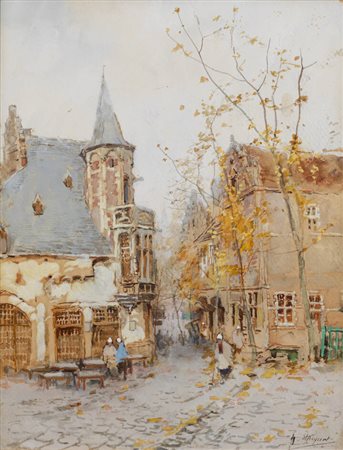 HENRI STACQUET<BR>Brussels 1838-1906 Schaerbeek (Belgio)<BR>"Veduta cittadina"