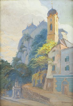 S. THOMA<BR>Pittore attivo nel XX secolo<BR>"Paesaggio con chiesa" '52
