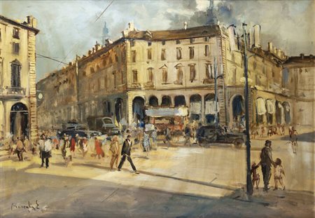 EDMONDO MANEGLIA<BR>Koziu (Turchia) 1925 - 2003 Torino<BR>"Scorcio di Piazza Vittorio all'imbocco di Via Po"