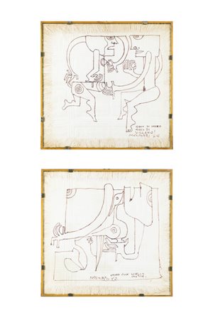 MARIO MOLINARI<BR>Coazze (TO) 1930 - 2001 Torino<BR>"Gioco di mano gioco di villano" '77<BR>"Uomo con uccello inutile" '77