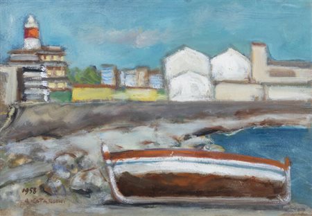 ALFREDO CATARSINI<BR>Viareggio (LU) 1899 - 1993<BR>"Punta Faro - Messina" 1958