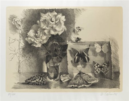 MARIO CALANDRI<BR>Torino 1914 - 1993<BR>"Rose, conchiglia e scatola degli insetti" fine anni '50