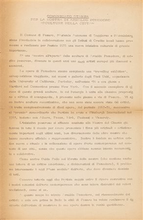 (rif.) Pomodoro Arnaldo - Comunicato stampa per la mostra di Arnaldo Pomodoro "Sculture nella Città", Pesaro, 1971