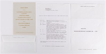 (rif.) Emilio  Prini - Lotto composto da invito alla mostra e documenti vari (autopresentazione: Pro Lui Oratio - mi vergogno di non essere a Venezia), 90s