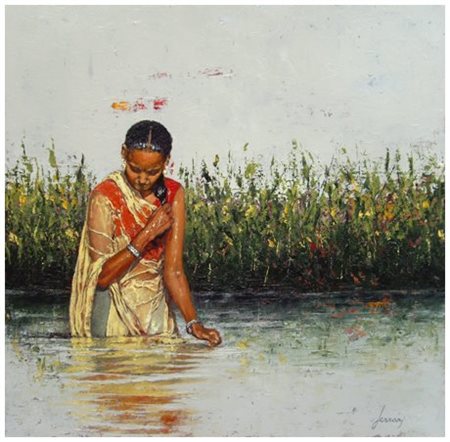 MASSIMO FERRARI Livorno 1955 Ragazza al bagno Olio su tavola 40 x 41,3. Firma...