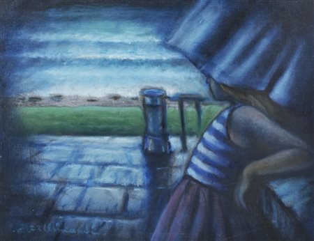 Enrico Allimandi BIMBA ALL'APERTO olio su tela, cm 38x46 firma eseguito nel 1964