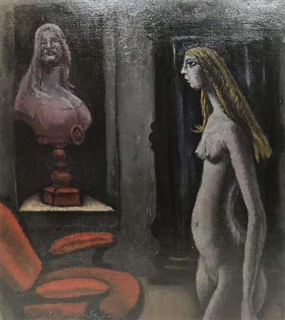 Enrico Allimandi LE DUE ETA' olio su cartone telato, cm 60x50 firma eseguito...