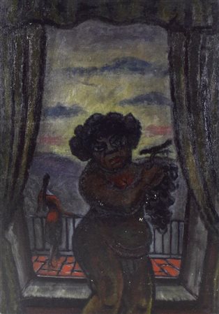 Enrico Allimandi BACCO E LA RAGAZZA olio su cartone telato, cm 70x50 eseguito...