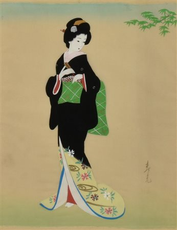 Scuola giapponese del XX secolo GEISHA tempera su seta, cm 44,5x34,5 firmato
