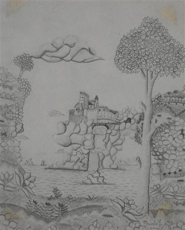 Francesco Maiolo CASTELLO FANTASTICO disegno su carta, cm 22,3x18 firma e...