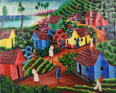 Martin Benita VILLAGGIO TROPICALE olio su tela, cm 76x94 firma