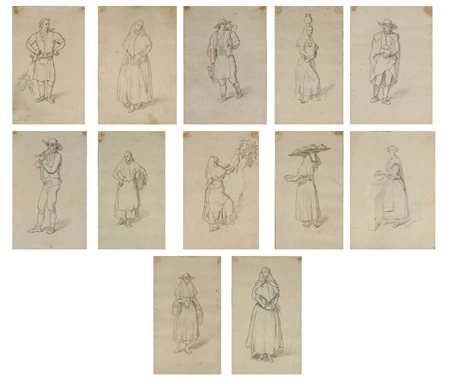 ARTISTA VENETO DEL XIX SECOLO  - Gruppo di dodici disegni raffiguranti personaggi in abiti ottocenteschi.
.