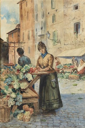INGANNI ANGELO (1807 - 1880) - Veduta cittadina con fruttivendole.