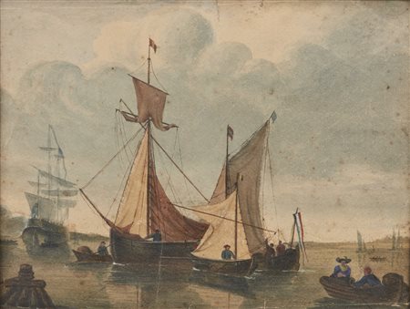 ARTISTA NORDEUROPEO DEL XIX SECOLO  - Marina con barche e personaggi. .