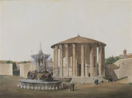 ARTISTA DEL XIX SECOLO  - Il Tempio di Ercole Vincitore e la Fontana dei Tritoni al Foro Boario. .