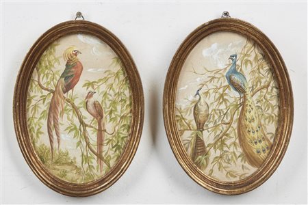 ARTISTA DEL XIX SECOLO  - Coppia di dipinti raffiguranti paesaggi con uccelli. .