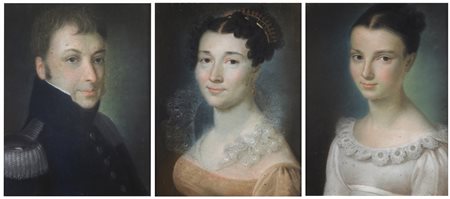 ARTISTA DEL XIX SECOLO  - Gruppo di tre dipinti raffiguranti Luigi Ignazio Ferro, tenente colonnello nelle Regie Armate; la moglie Giuseppina Margherita De Regard; la figlia Giuseppina Irene Genoveffa Patrizia Ferro Contessa Barel di Sant'Albano. .