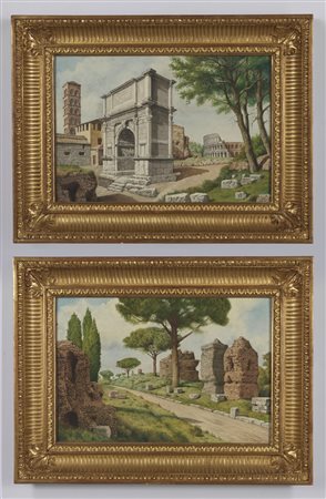 ARTISTA DEL XIX SECOLO  - Coppia di dipinti raffiguranti l'Arco di Tito e le rovine sulla Via Appia. .