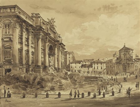 ARTISTA DELLA FINE DEL XIX SECOLO  - Veduta della Fontana di Trevi con la Chiesa dei Santi Vincenzo e Anastasio. .