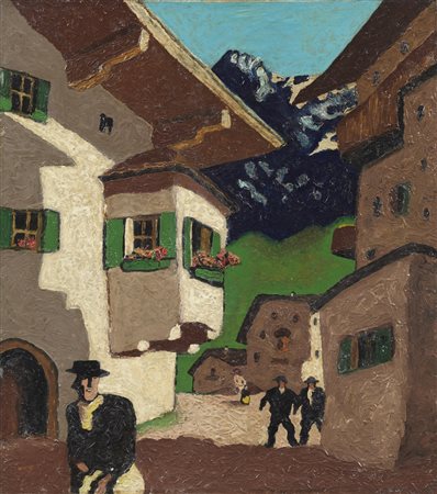 ARTISTA DEL XX SECOLO  - Paesaggio montano con case e personaggi. .