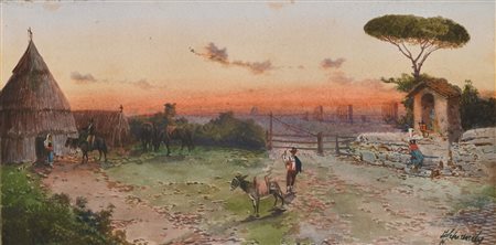 SCHIANCHI FEDERICO (1858 - 1919) - Paesaggio con contadini e animali.