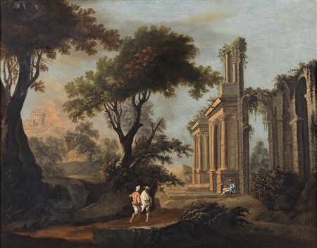 ARTISTA DEL XVIII SECOLO  - Paesaggio con rovine e personaggi.