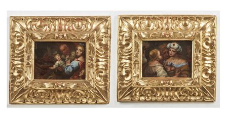 ARTISTA DEL XVIII SECOLO  - Coppia di dipinti raffiguranti Scena sacra e il Ritrovamento di Mosè.